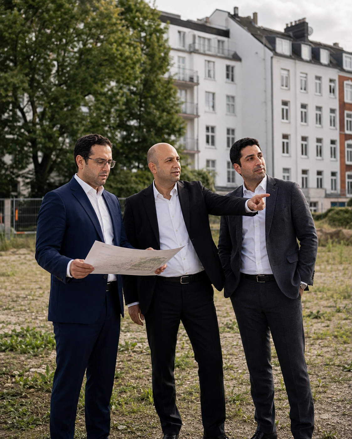 Die drei Gründer von MAYVON HANSA bei der gemeinsamen Planung auf einem Grundstück