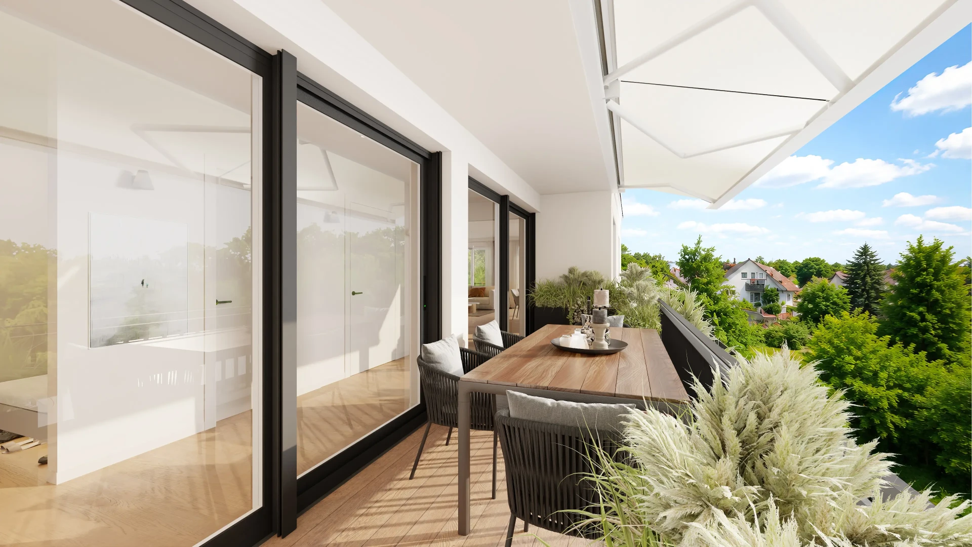 Große Dachterrasse des Penthouses mit weitem Blick über Hamburg