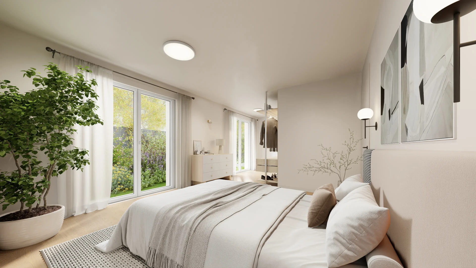 Schlafzimmer mit bodentiefen Fenstern in der Villa Oberalster
