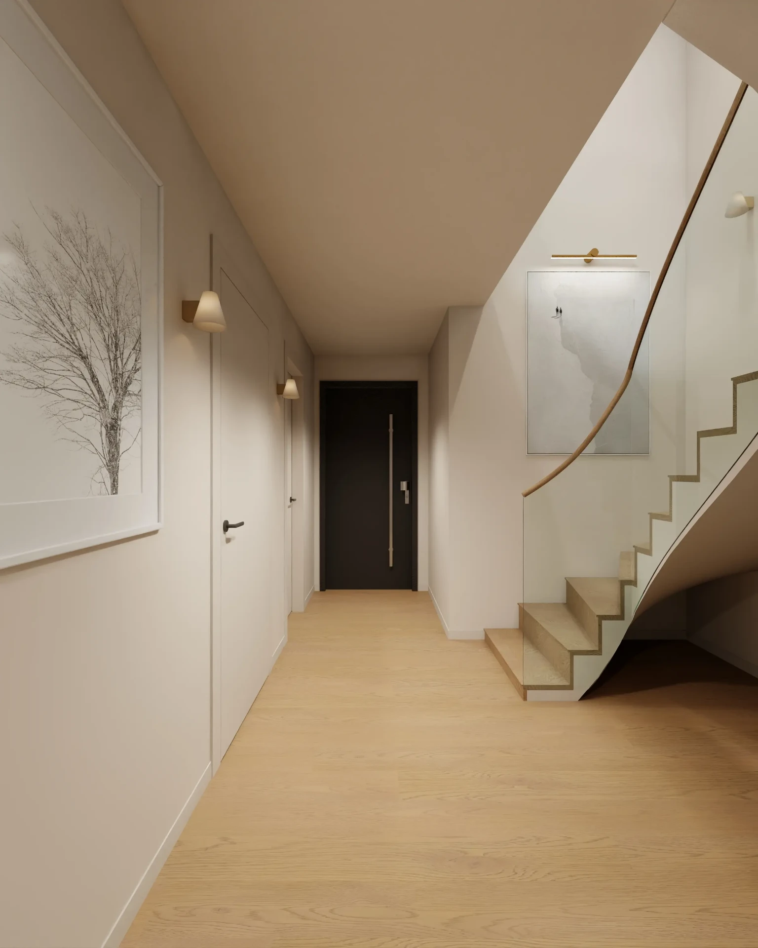 Maisonette-Eingangsbereich mit geschwungener Treppe in der Villa Oberalster