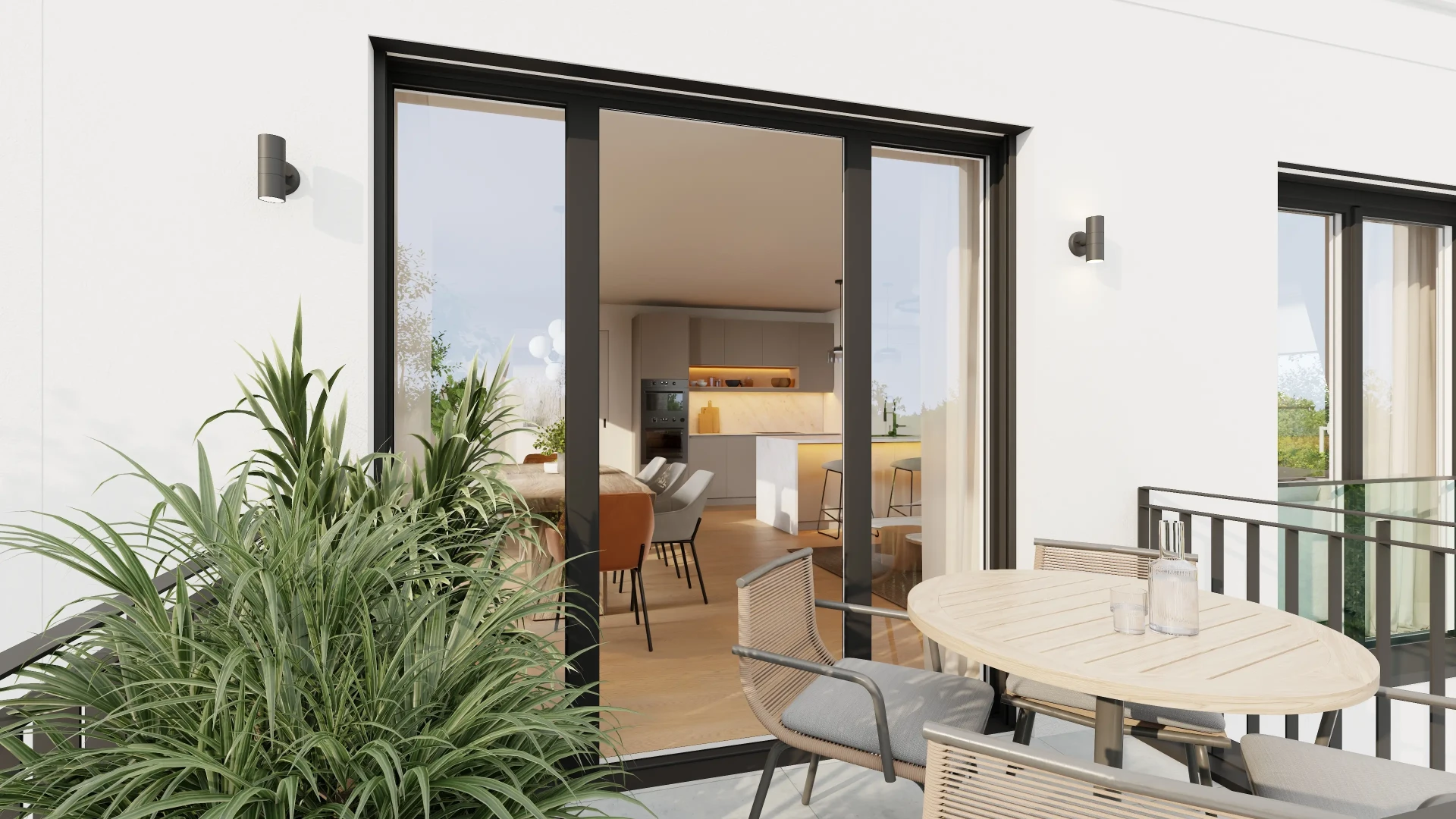 Dachterrasse des Penthouses mit Blick in den Wohnbereich