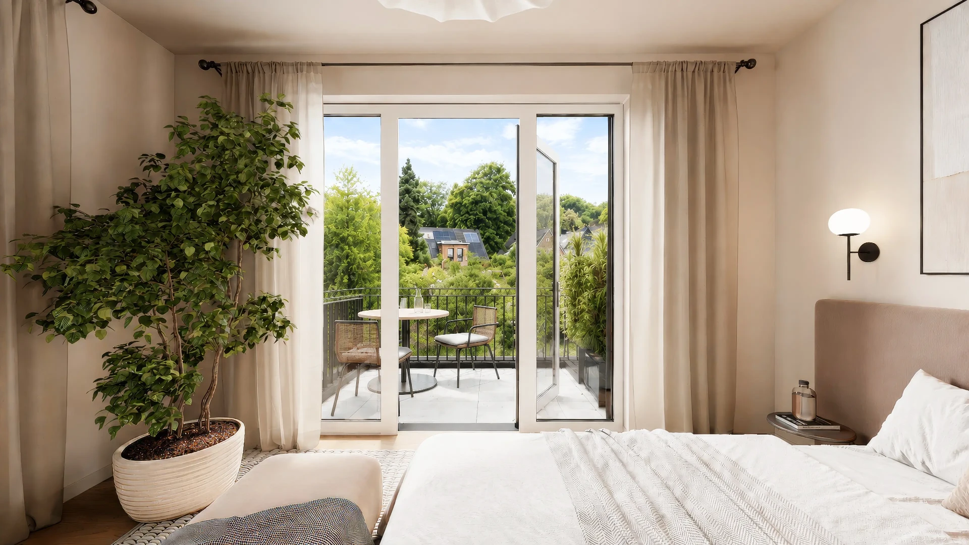 Penthouse-Schlafzimmer mit Zugang zum Balkon
