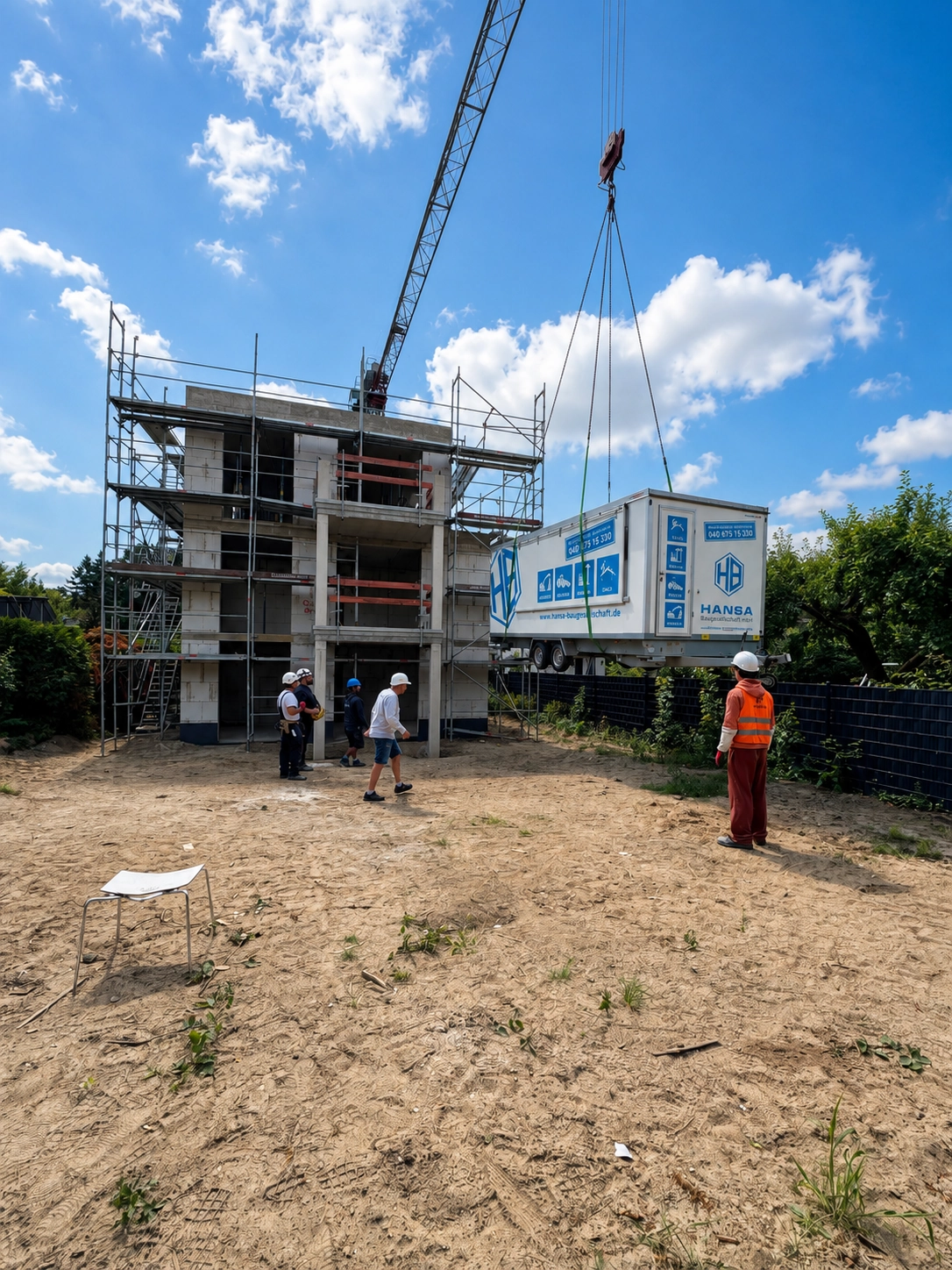 Rohbau der Villa Oberalster von der Gartenseite mit Bauteam
