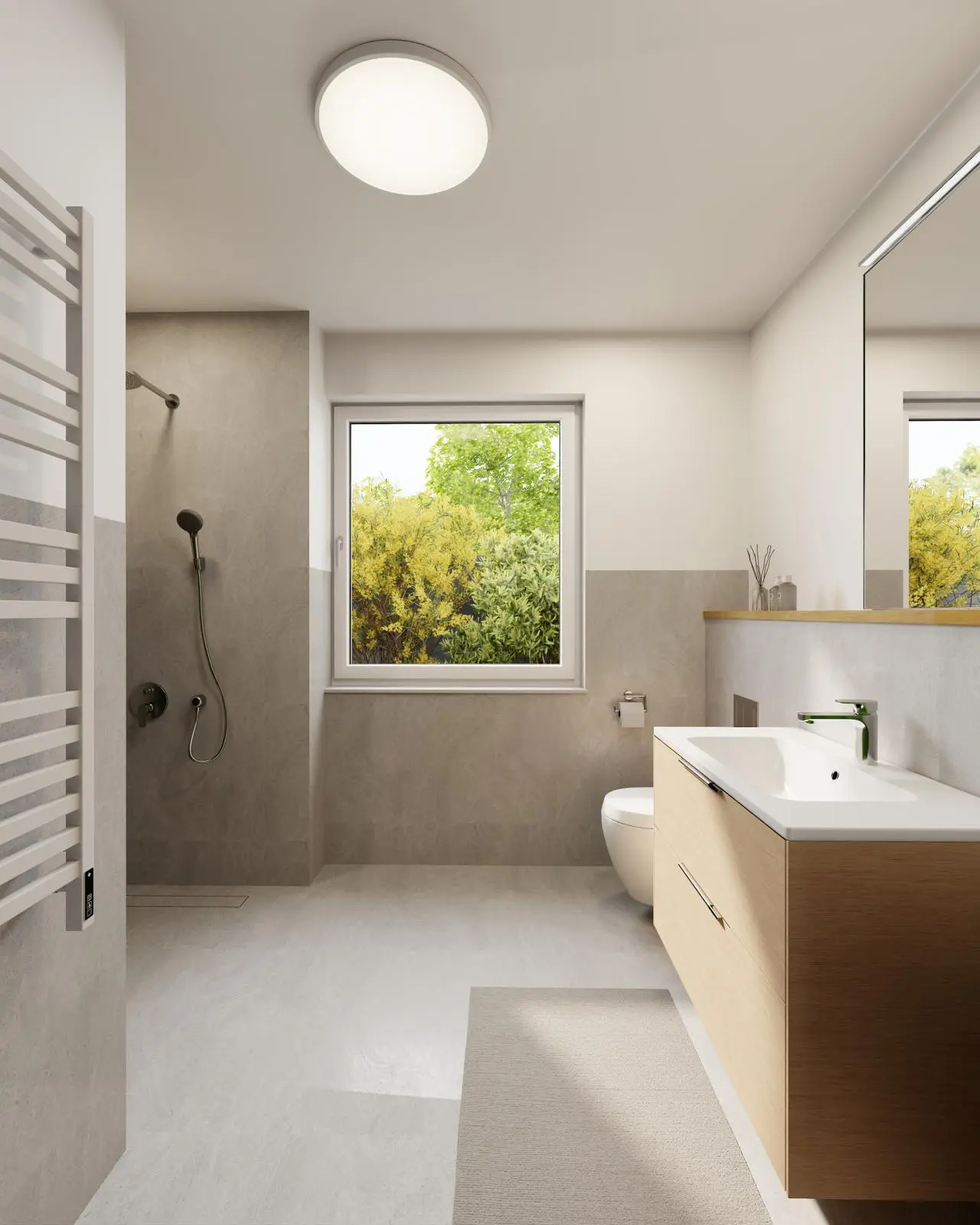 Modernes Badezimmer mit bodengleicher Dusche in der Villa Oberalster