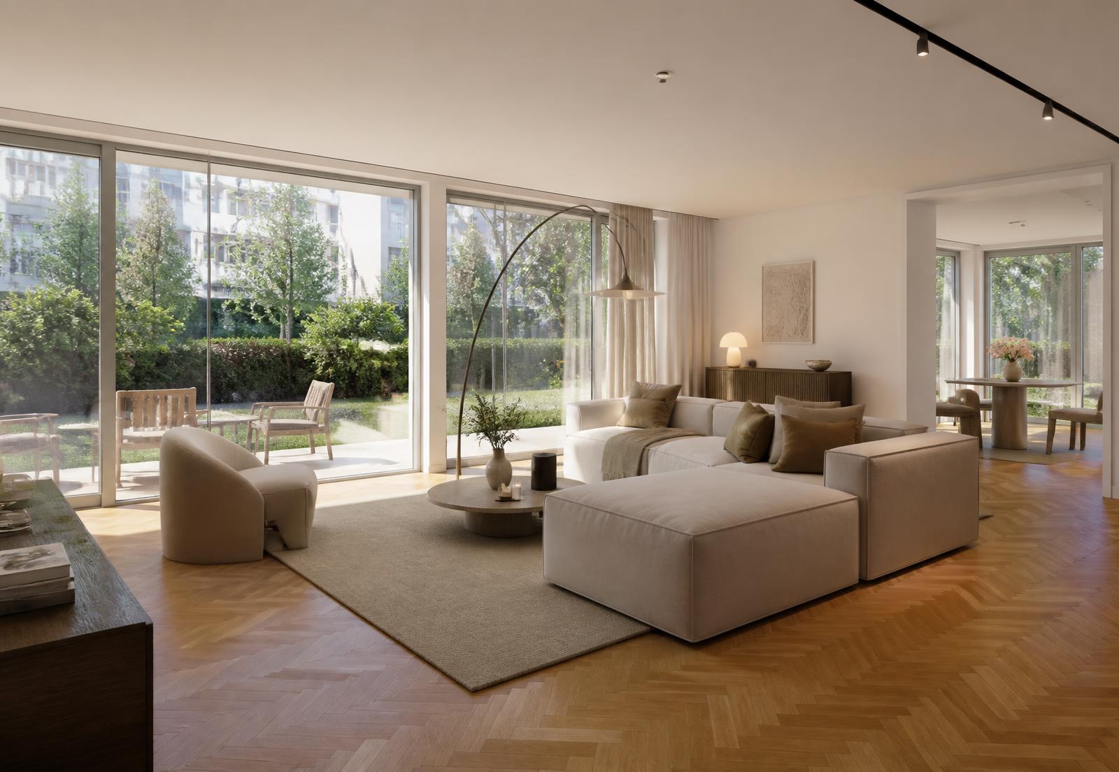 Hochwertiger Wohnraum mit Parkett und großen Fensterflächen